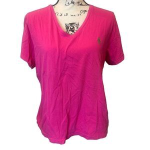 Ralph Lauren Sport Women's Pink V-Neck T-Shirt Embroidered Pony Logo Casual Tee